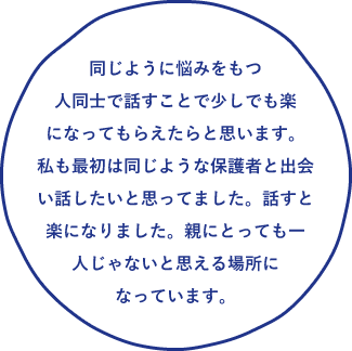 同じように悩みをもつ人同士で話すことで少しでも楽になってもらえたらと思います。私も最初は同じような保護者と出会い話したいと思ってました。話すと楽になりました。親にとっても一人じゃないと思える場所になっています。