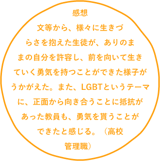 感想文等から、様々に生きづらさを抱えた生徒が、ありのままの自分を許容し、前を向いて生きていく勇気を持つことができた様子がうかがえた。また、LGBTというテーマに、正面から向き合うことに抵抗があった教員も、勇気を貰うことができたと感じる。(高校管理職)